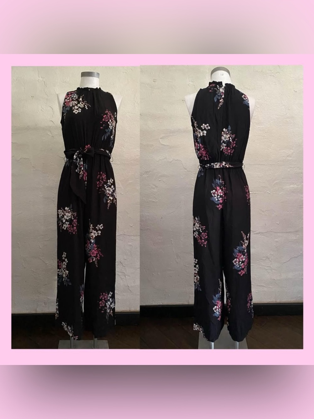 LOFT Black Floral High-Neck Sleeveless Jumpsuit with Waist Tie